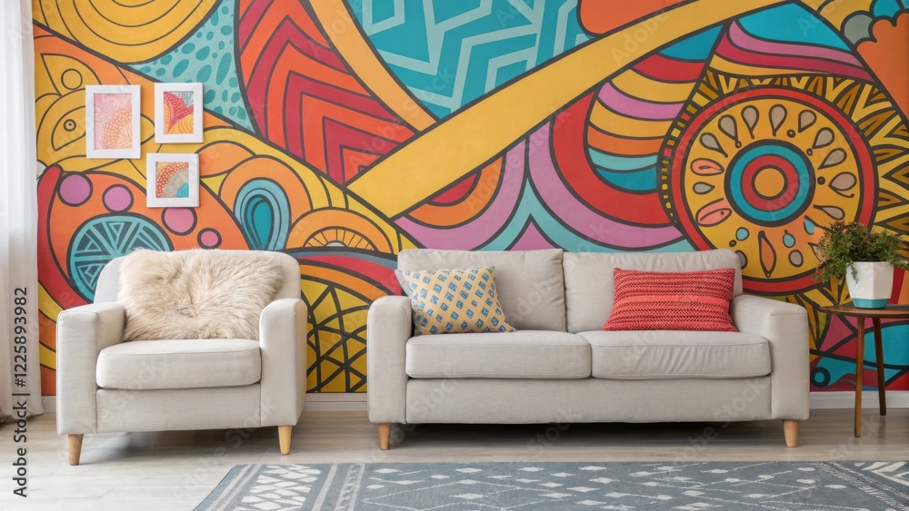 Poster closeup of a vibrant accent wall with abstract art contrasting with neutralcolored furniture and flo