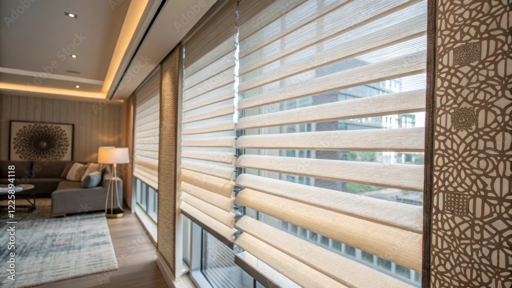Poster Closeup of a window with fresh blinds being hung capturing the play of light filtering through the new fabric against the backdrop of a modernized room.