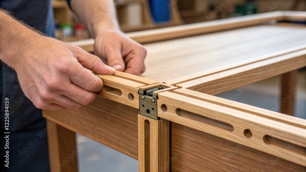 Aufkleber Closeup of a workers hands assembling a modular desk focusing on the smooth finish of the wood and the intricate connection mechanism being secured.