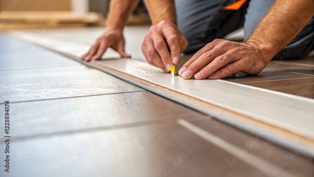 Poster closeup of a workers hands applying a finishing sealant along the seams of the installed flooring ac