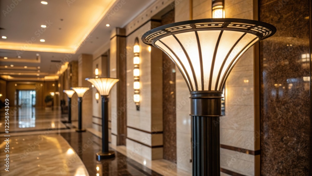 Poster Closeup of innovative lighting fixtures casting soft ambient light across the lobby highlighting architectural features and creating a warm atmosphere.