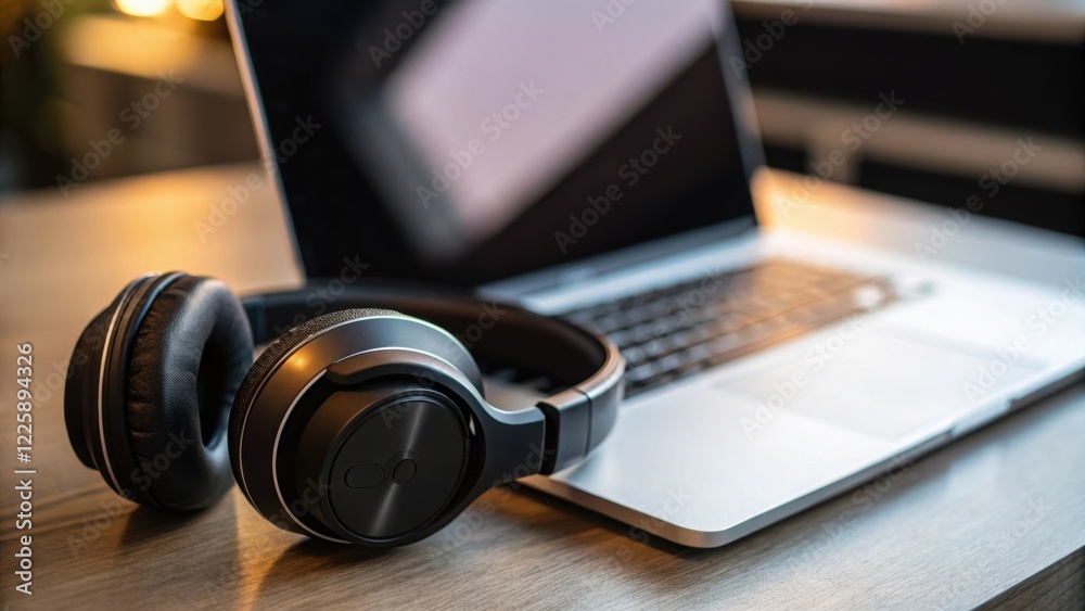 Poster closeup of highquality headphones resting on a desk next to a laptop suggesting an immersive audio a
