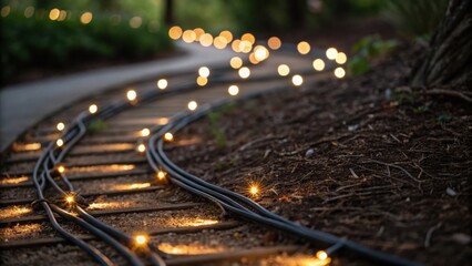 Closeup of freshly laid decorative lighting cables winding along a path emphasizing their texture against the natural ground while illuminated by soft warm lights.