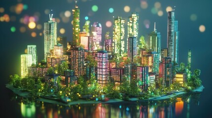 Obraz premium Futuristic miniature city island, covered in lush vegetation, features illuminated skyscrapers rising into the night sky, reflecting in the surrounding water, creating a surreal urban landscape