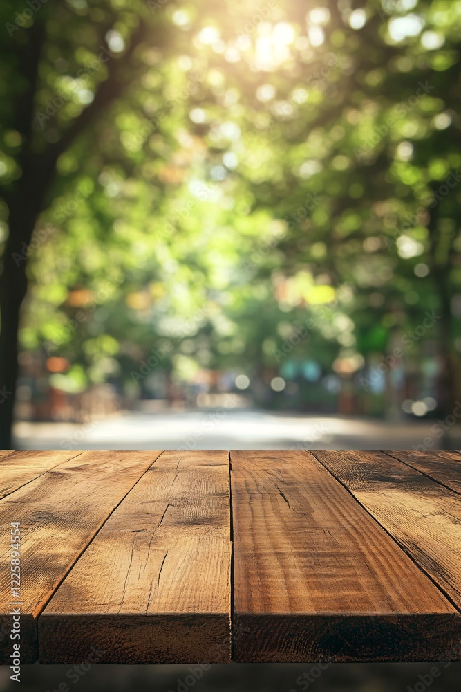 Aufkleber empty wooden table top with blurred park background