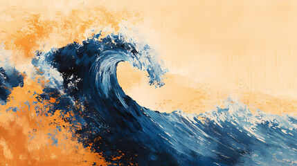 An abstract indigo wave crashing on a golden sandy beach, creating a beautiful contrast of cool and warm tones under the setting sun. Indigo Wave. Illustration