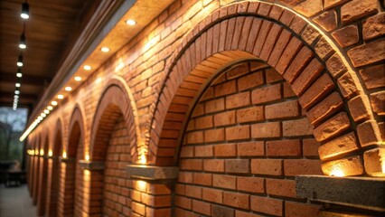Closeup of vintage brick masonry freshly restored with a warm hue accentuated by energyefficient LED lights embedded in the archways.