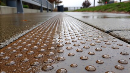 Detailed closeup of water wicking away from a slipresistant walkway during rain demonstrating the effectiveness of the surface in preventing slips.