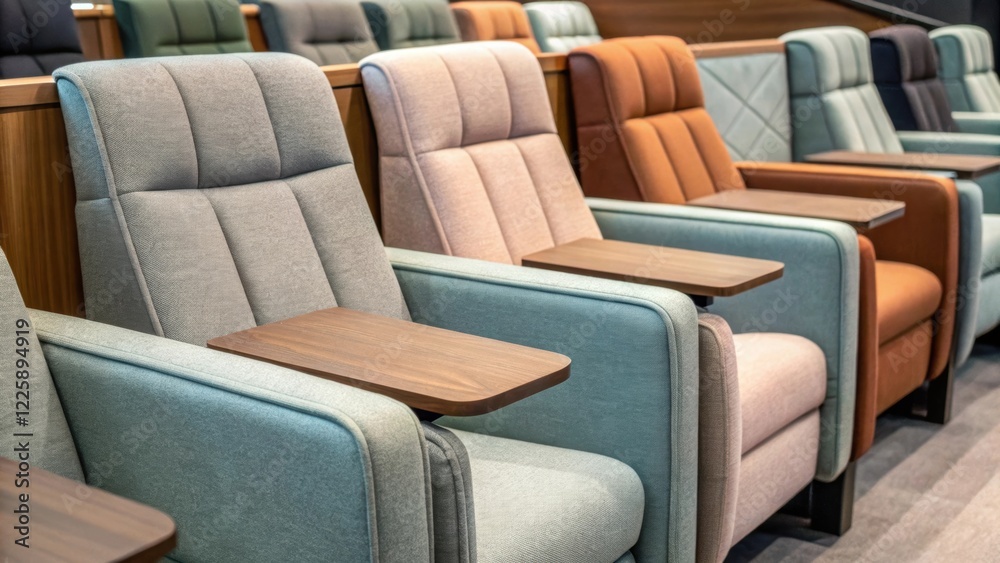 Poster detailed view of modern seating arrangements with upholstered chairs that incorporate soundabsorbing