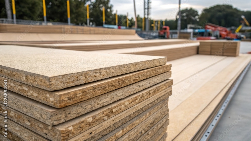 Aufkleber EcoFriendly Materials A closeup of ecofriendly composite materials stacked neatly at a construction site demonstrating the sustainable approach to refurbishing urban skateparks.