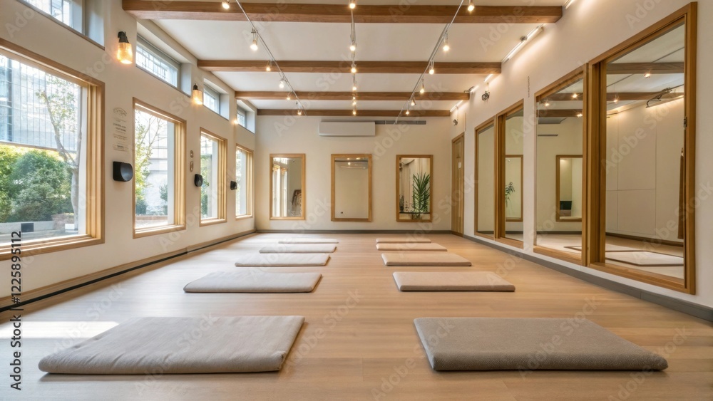 Poster Medium closeup of a bright open stretching area with plush mats and wall mirrors encouraging flexibility and wellness practices a users.