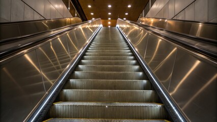 Obraz premium Medium closeup of a freshly polished escalator step reflecting the overhead lights showcasing the transformation from old to new.