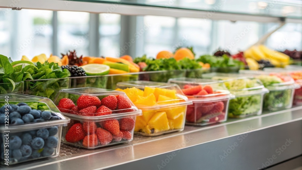 Poster medium closeup of a modern food station featuring an array of fresh fruits and salads beautifully ar