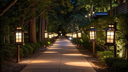 Medium closeup of a path illuminated by lanternstyle signage casting playful shadows on nearby foliage while enhancing the evening stroll experience.