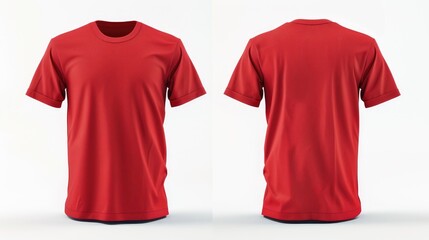 Red t-shirt front and back side on white background, clean isolated apparel mockup, blank clothing for fashion branding or print design, professional studio lighting.