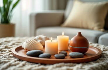 Cozy home corner for meditation, relaxation. Aroma diffuser with warm light, burning candles. Smooth stones for comfort. Aromatic setting for calm evening morning ritual. Natural elements create