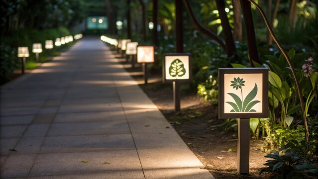 Medium closeup of a path lined with illuminated signs highlighting distinct flora on each sign while soft shadows play on the ground.