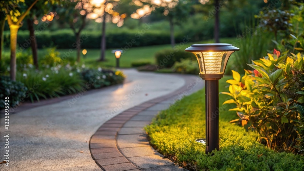 Poster Medium closeup of a solarpowered wayfinding light shining brightly surrounded by lush greenery casting a warm glow on a winding path inviting visitors to explore.