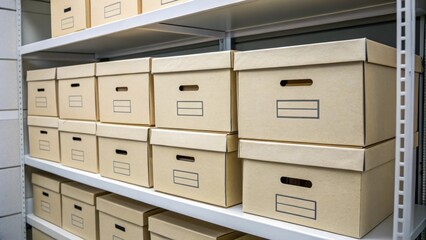 Medium closeup of a stack of archival boxes made from acidfree material neatly arranged on a minimalist shelving unit emphasizing preservation standards.