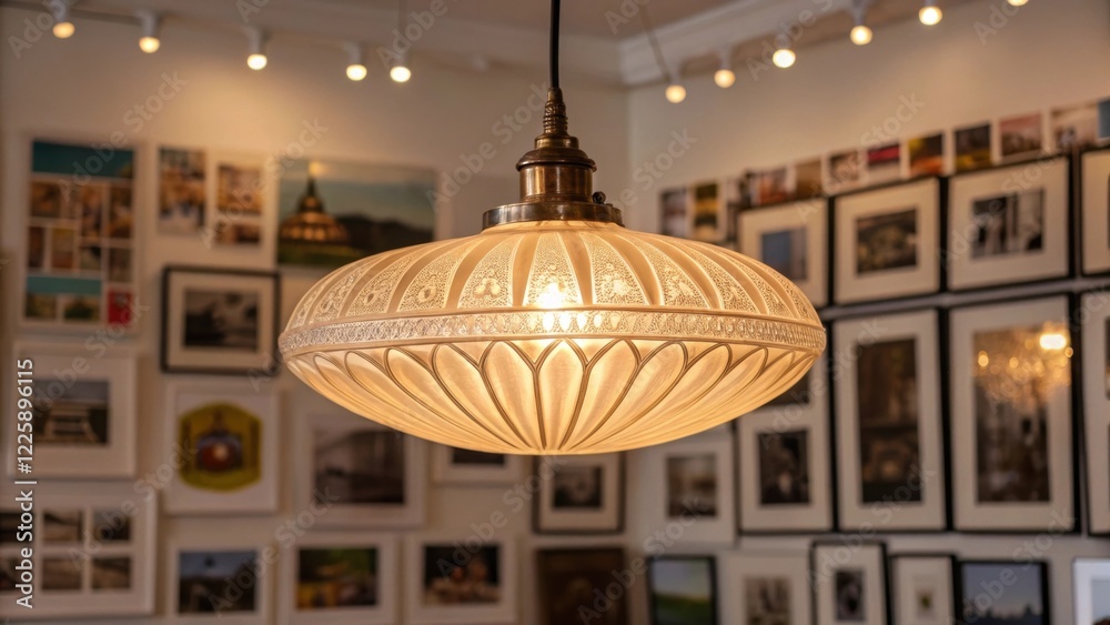 Poster Medium closeup of a warm light fixture being lowered from the ceiling with an array of photographs and art pieces cleverly arranged in the background.