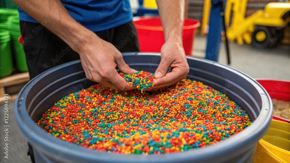 Aufkleber Medium closeup of a workers hands mixing colorful rubber granules and binding agents illustrating the process of creating a safe and fun playground surface.