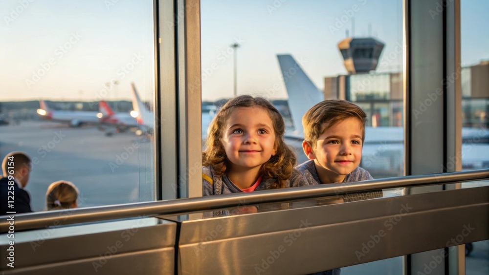 Poster medium closeup of children eagerly peering out of large panoramic windows at the terminal admiring t