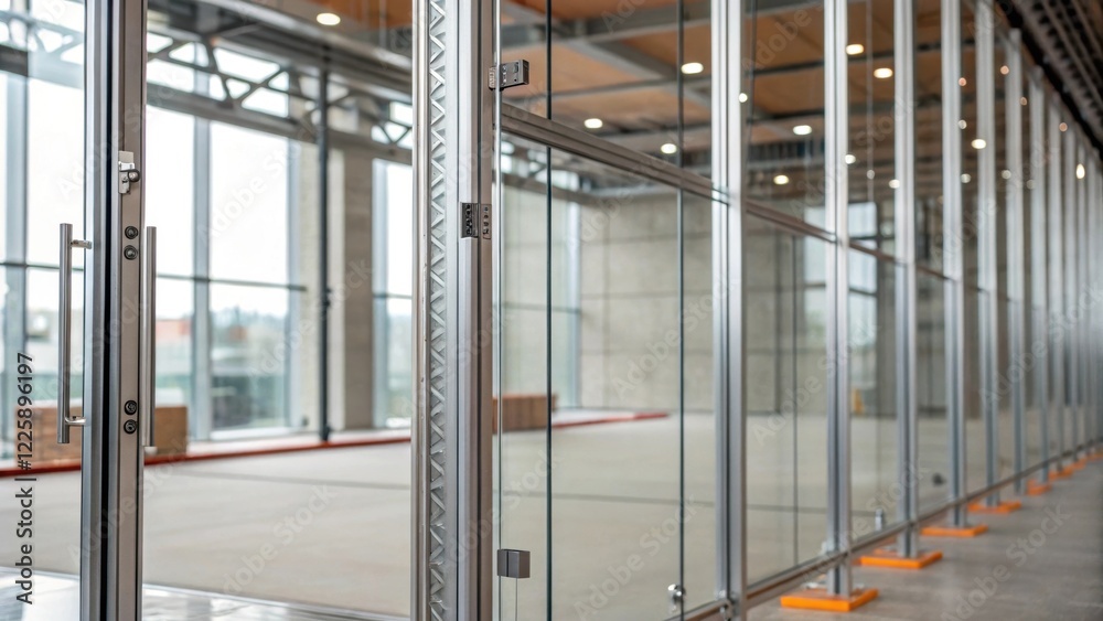 Poster Medium closeup of glass partitions being assembled with metal framing in the background showcasing the ergonomic design for modern workspaces.
