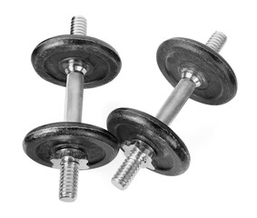 Naklejka premium Two barbells isolated on white, above view. Sports equipment