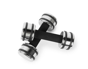 Two dumbbells isolated on white, above view. Sports equipment