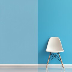 A modern chair rests against a striking blue wall, highlighting simplicity and style.