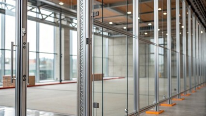 Medium closeup of glass partitions being assembled with metal framing in the background showcasing the ergonomic design for modern workspaces.