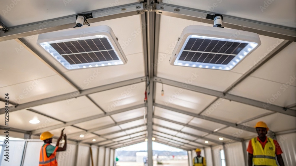 Poster medium closeup of solarpowered lighting fixtures being installed on the ceiling of a modular evacuat