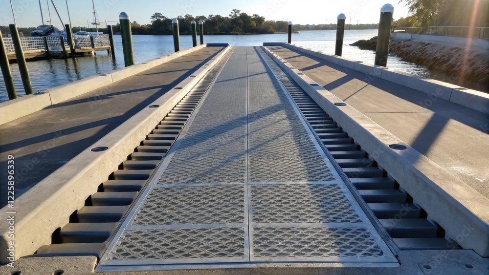 Aufkleber Medium closeup of the improved boat ramp structure featuring reinforced edges and drainage channels with sunlight casting dynamic shadows over the newly designed features.