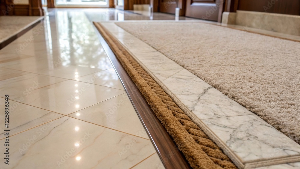 Poster medium closeup of the flooring transition where polished marble tiles meet soft carpet highlighting 