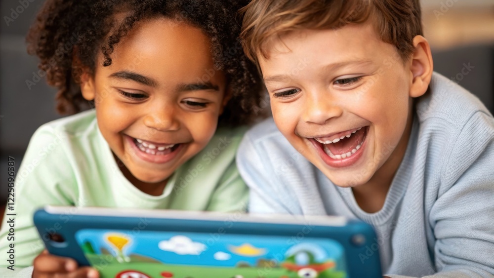 Fototapete medium closeup of two young children laughing and engaging with a touchscreen game with playful grap