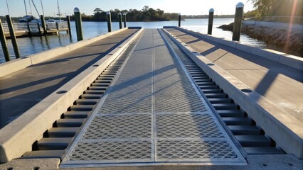 Medium closeup of the improved boat ramp structure featuring reinforced edges and drainage channels with sunlight casting dynamic shadows over the newly designed features.