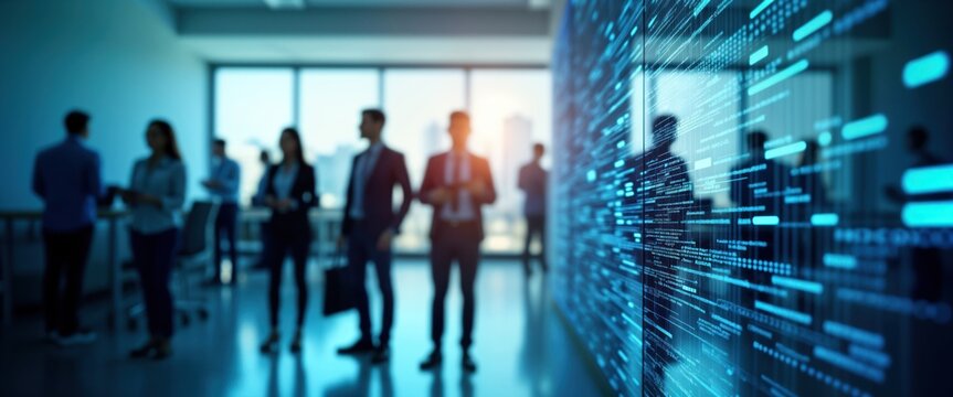 Business people in modern office. Silhouettes of professionals stand in blue-toned office space. Digital network overlay on wall suggests tech, connectivity. Teamwork, communication evident in