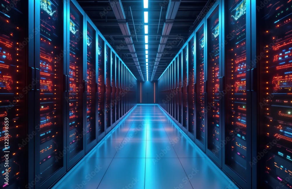 Poster rows of rack-mounted servers in data center. modern tech infrastructure for cloud computing, big dat