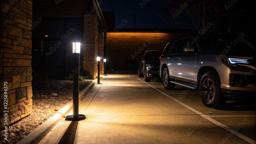 Poster The illuminated area from a newly installed motionactivated light casting a warm glow across a dimly lit parking space with shadows emphasizing the nearby vehicles.