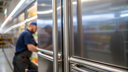The reflection of a worker in a polished steel surface of a refrigeration unit demonstrating the impact of thorough cleaning and refurbishing efforts.