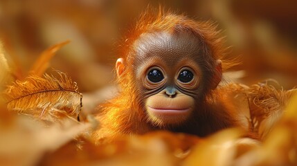 Fototapeta premium Adorable Baby Orangutan Amidst Autumnal Feathers