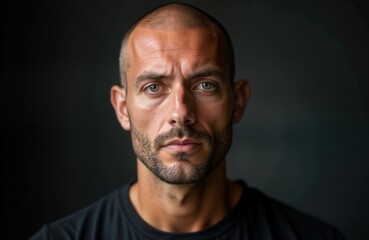 Obraz premium Studio portrait of man with shaved head, serious expression. Wears dark shirt, well-groomed beard. Image confident, stylish man. Dark background. Close-up photo. Stylish casual man with confident