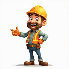 Digital illustration of a construction worker. He is wearing a hard hat and a tool belt, suggesting that he is ready for work. The character has a friendly smile and appears to be in a good mood.