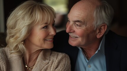 A retired couple shares a joyful moment, smiling at each other in a comfortable interior, embodying love and companionship in their golden years
