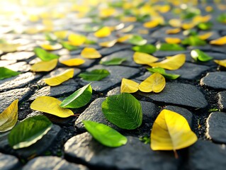 Windblown leaves, dynamic scattering on a cobblestone path, 3D illustration