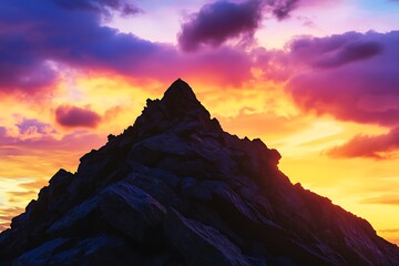 Naklejka premium The dramatic silhouette of a rocky peak during sunset, with vibrant skies in the backdrop.