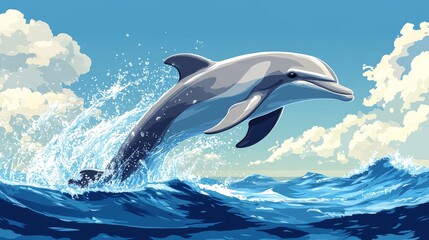 Fototapeta premium Playful Dolphin Leaping Out of Water Illustration in Clip Art Style with Splashes and Blue Sky Background