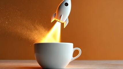 Creative coffee cup with a rocket blasting off, symbolizing energy and inspiration in a warm setting