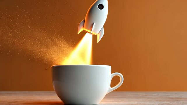 Creative coffee cup with a rocket blasting off, symbolizing energy and inspiration in a warm setting