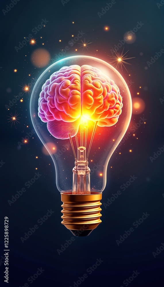 Poster creative lightbulb design with vibrant colorful brain inside. brain glows brightly with colorful ene